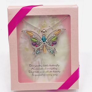 Colorful Butterfly Pendant with Rhinestones Necklace Multicolor New In Box